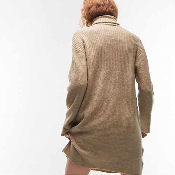 👑Topshop Women's Knitted Oversized Rollneck Sweater Dress Oat Brown Size L - Picture 3 of 11